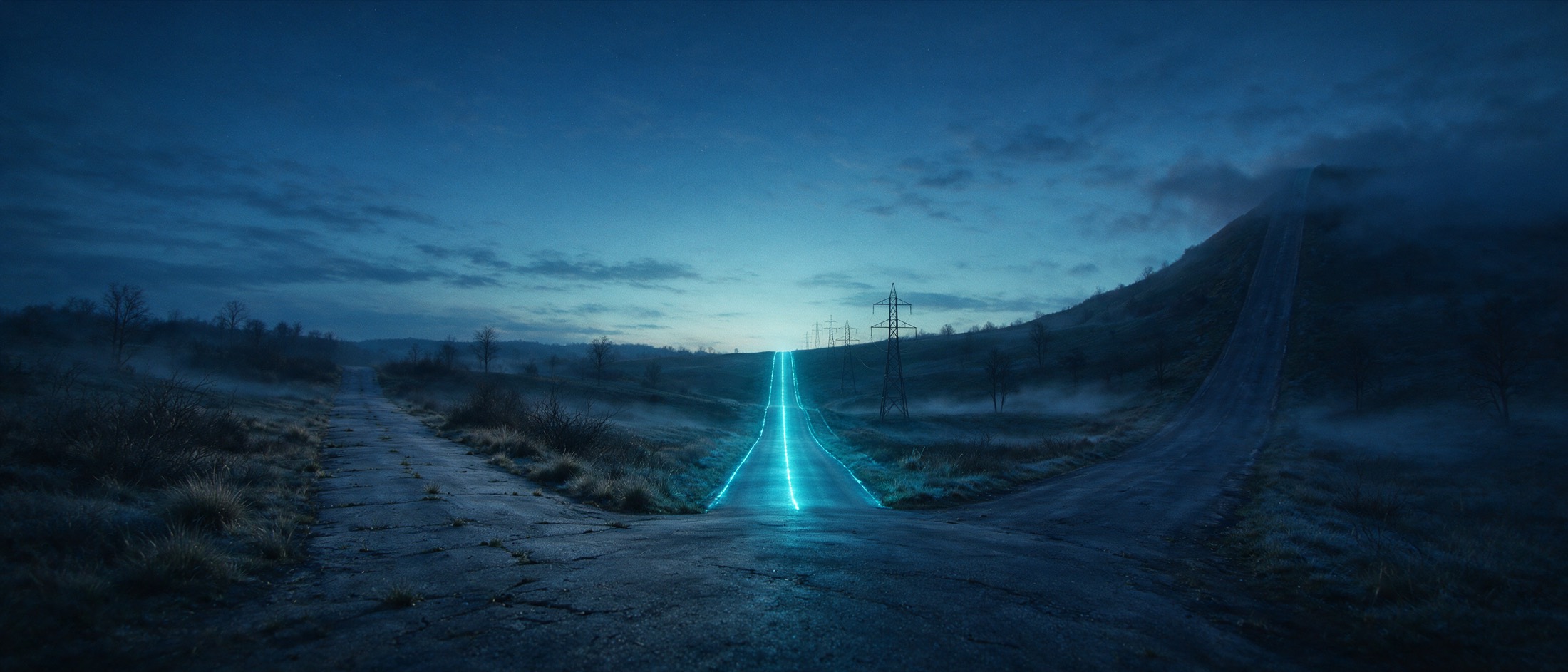 Three roads diverging: the left peters out into scrub, the right climbs steeply into darkness, and only the centre road is lit by a continuous cyan ribbon with transmission towers alongside.
