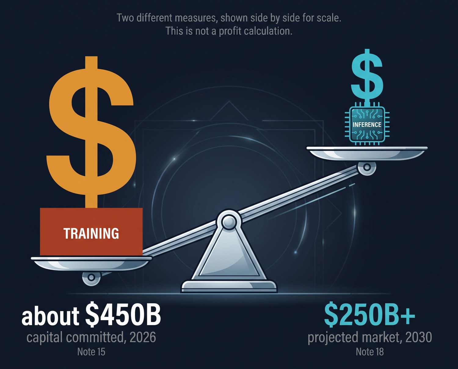 A beam balance tipped down to the left. The left pan carries a large amber dollar sign over a block labelled training, marked about 450 billion dollars of capital committed for 2026. The raised right pan carries a smaller cyan dollar sign over a chip labelled inference, marked 250 billion dollars plus projected market for 2030.